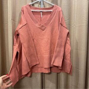 Free People Dusty Rose V-Neck Ribbed Sleeve Sweater